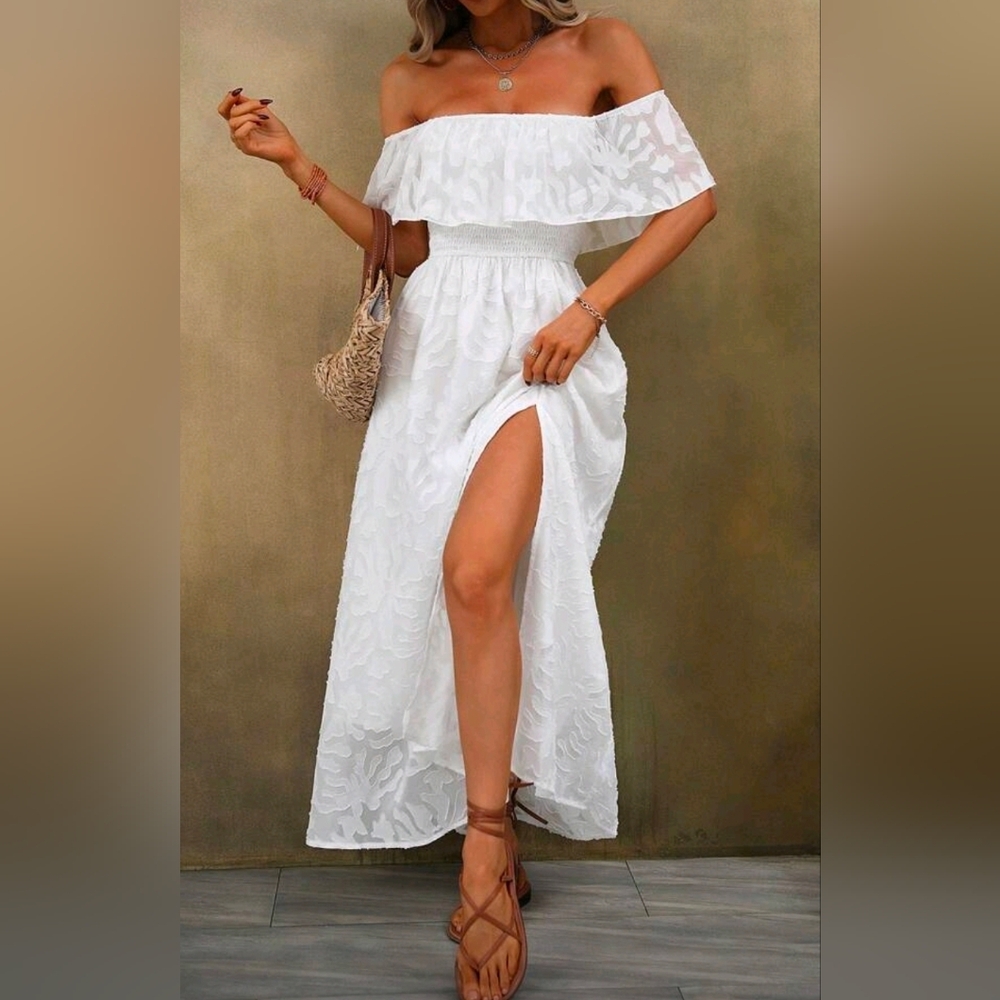 New Flowy Sheer Floral Off Shoulder Maxi Dress White - Picture 2 of 8